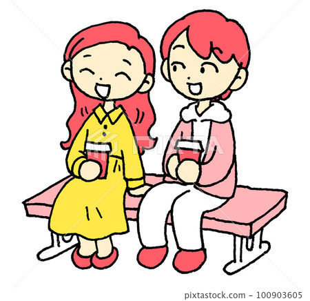 Men and women pink sitting on a bench and talking Men and women pink sitting on a bench and talking 100903605
