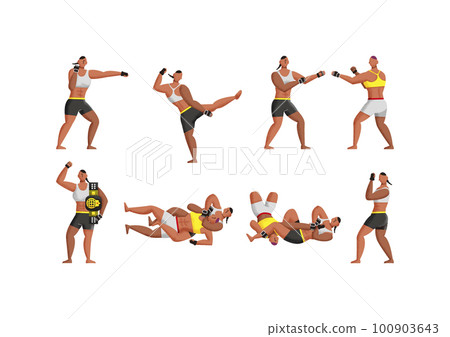 Mixed martial arts MMA female illustration set in various poses 100903643