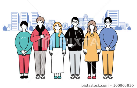 一個簡單的城市景觀和年輕人的插圖 100903930