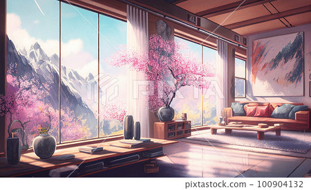 客廳可以看到櫻花和山脈 AI 圖像 100904132