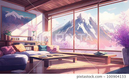 客廳可以看到櫻花和山脈 AI 圖像 客廳可以看到櫻花和山脈 AI 圖像 100904133