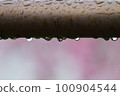 陰雨天氣，雨滴從金屬欄杆滴落 100904544