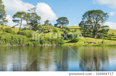 The landscape and beautiful nature in Hobbiton movie set in Matamata, New Zealand. 100904717