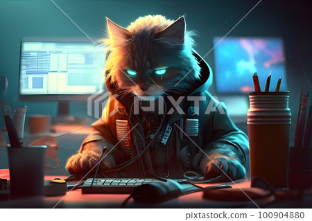 A digital intelligence hacker cat research with a computer. Generative AI. 100904880