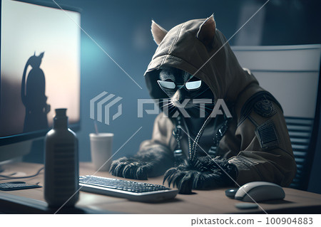 A digital intelligence hacker cat research with a computer. Generative AI. 100904883