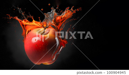 A red apple in water splash color effect on a black background. Generative ai. A red apple in water splash color effect on a black background. Generative ai. 100904945