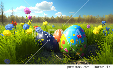 Easter egg on the grass on sunny spring trees and flowers. Ai generated Easter egg on the grass on sunny spring trees and flowers. Ai generated 100905013