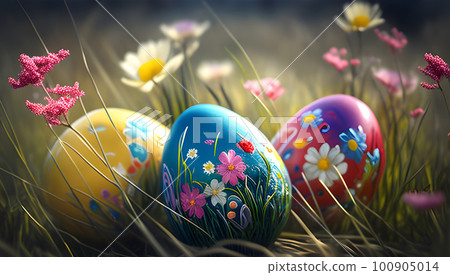 Easter egg on the grass on sunny spring trees and flowers. Ai generated 100905014