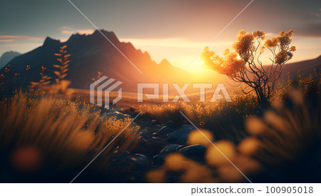 Aerial View of a Mountain Road Meandering Through a Forest of Pine Trees, with Golden Sunlight Casting its Spell on the Rolling Hills and Green Meadows. Ai generated 100905018