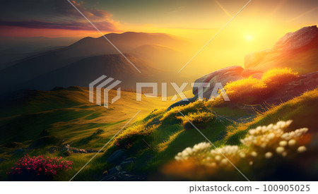 Aerial View of a Mountain Road Meandering Through a Forest of Pine Trees, with Golden Sunlight Casting its Spell on the Rolling Hills and Green Meadows. Ai generated Aerial View of a Mountain Road Meandering Through a Forest of Pine Trees, with Golden Sunlight Casting its Spell on the Rolling Hills and Green Meadows. Ai generated 100905025