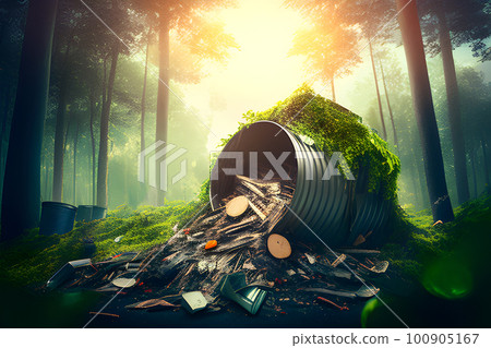 green garbage bin in the jungle for recycling. Generative ai. 100905167