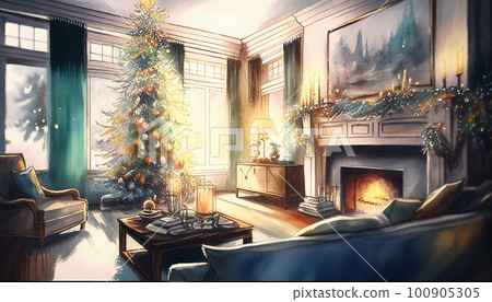 Living room with fireplace and Christmas tree AI image 100905305