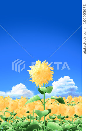 Cumulonimbus and Van Gogh's sunflower, central blue sky background, vertical illustration material, with differences 100905678