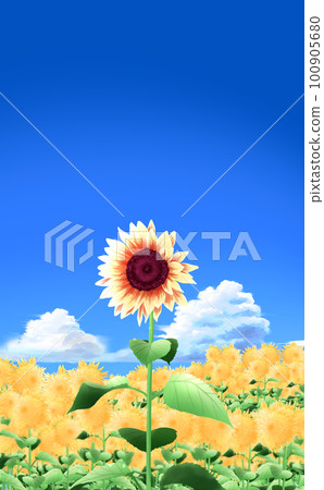 積雨雲和向日葵，中央藍天背景，有差異的垂直插圖素材 100905680