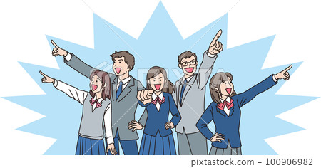 瞄準_指向_學生_微笑表情_每個方向5人瞄準_背景色 100906982