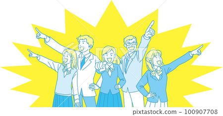 瞄準_指向_學生_微笑表情_黃色藍色_瞄準5個人中的每一個_帶背景色 100907708