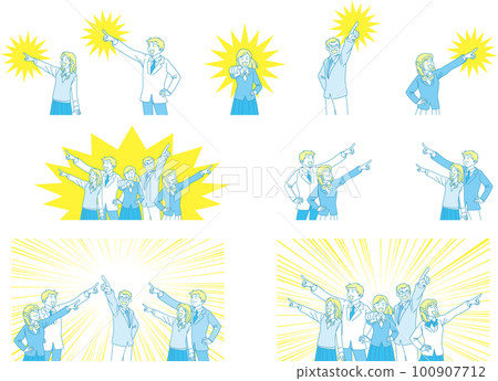 Aiming _ pointing _ student _ smiling expression _ yellow blue _ background color set 100907712