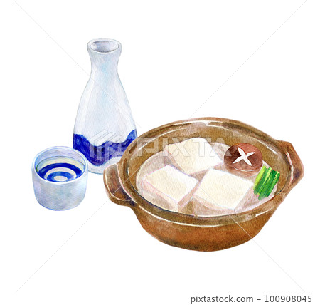 日本清酒和煮豆腐晚上喝設置水彩插圖 100908045