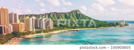 Hawaii waikiki beach in Honolulu city, aerial view of Diamond Head famous landmark travel landscape destination in Oahu island, USA. Banner panorama 100908605