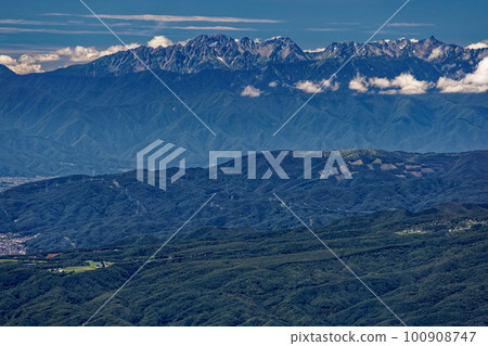 Yarigatake and Hotaka mountain ranges seen from Yatsugatake mountain range and Akadake ridgeline 100908747