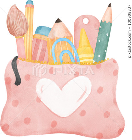 cute pastel school pencil stationary girly pouch bag  stationary cartoon  watercolour illustration cute pastel school pencil stationary girly pouch bag  stationary cartoon  watercolour illustration 100908837