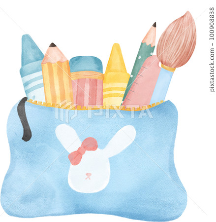 cute pastel school pencil stationary girly pouch bag  stationary cartoon  watercolour illustration cute pastel school pencil stationary girly pouch bag  stationary cartoon  watercolour illustration 100908838