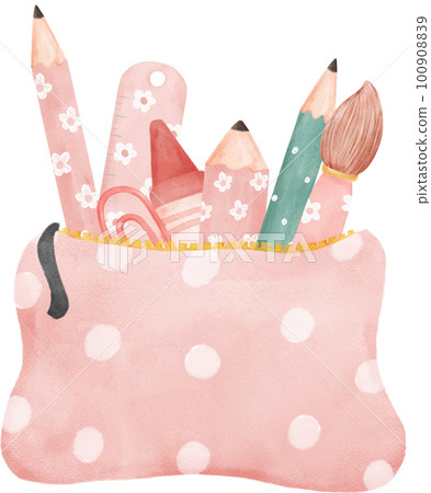 cute pastel school pencil stationary girly pouch bag  stationary cartoon  watercolour illustration cute pastel school pencil stationary girly pouch bag  stationary cartoon  watercolour illustration 100908839