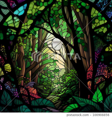 在夢幻般的森林中彩色玻璃風格插畫AI圖像 100908856