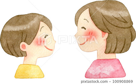 Watercolor illustration of a parent and child smiling face to face (side profile) 100908869