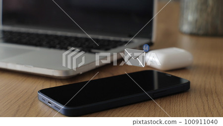 Smartphone mobile receives 3D mail icon notification on the screen ,icoming message animation on smartphone display. 3d graphic animation,social media network. 100911040