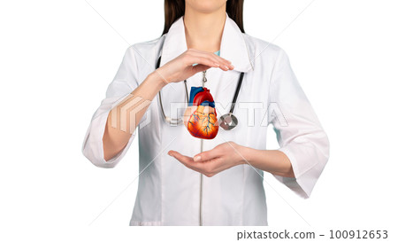 Heart health concept. Medical doctor hands holding human heart, cropped, collage Heart health concept. Medical doctor hands holding human heart, cropped, collage 100912653