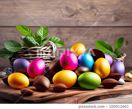 Illustration of Easter bright painted eggs, chocolate eggs on wooden table. Generative AI Illustration of Easter bright painted eggs, chocolate eggs on wooden table. Generative AI 100912661