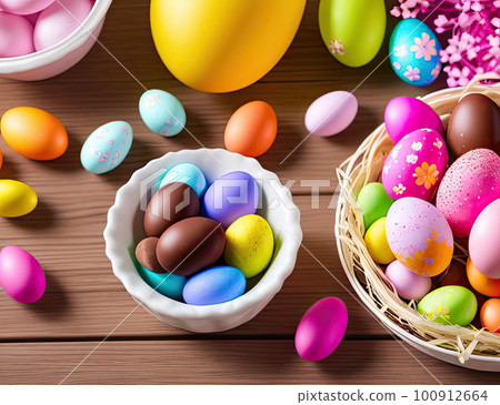 Illustration of Easter composition with colorful eggs, chocolate eggs and sweets. Generative AI  100912664