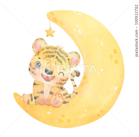 cute sweet innocence baby tiger on dreamy crescent moon phase kid nursery watercolour Illustration 100912782