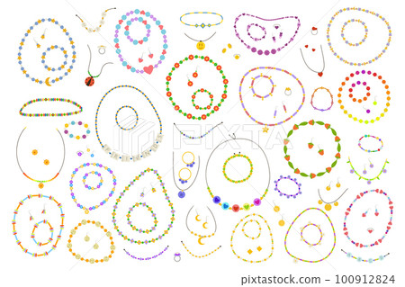 Kids necklace. Hand made groovy child beads bracelet pendant cartoon style. Collection of cartoon drawings of bracelets from colorful beads with letters for children 100912824