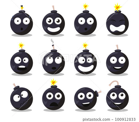 Cartoon bomb emotions set. Doodle explosive round weapon mascot with funny cartoon faces and expressions. 100912833