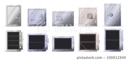 Bank metal vault and safes with open and closed doors. Safe Icons. Gold bars and cash money in secure metal storage. Bank metal vault and safes 100912840