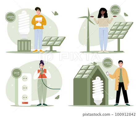 Green energy illustration set. Characters reduce energy consumption at home. Power save concept. Household energy and resources, meter installation 100912842