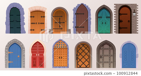 Cartoon set of medieval castle doors on white. Vector cartoon set of entrance in vintage house, castle or temple. Colored ancient doors from wood planks isolated 100912844