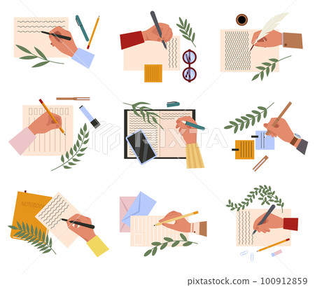 Hand making note. Cartoon hands holding pens and pencils flat vector symbols illustrations set. Person writing or painting. Diary plan. Paper document. 100912859