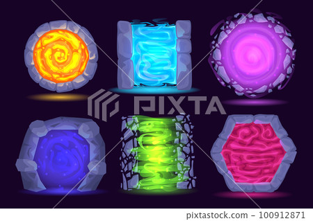 Futuristic portal to another world. Fantasy game gate to another dimensions, magic teleport and stone arches between worlds Futuristic portal to another world. Fantasy game gate to another dimensions, magic teleport and stone arches between worlds 100912871