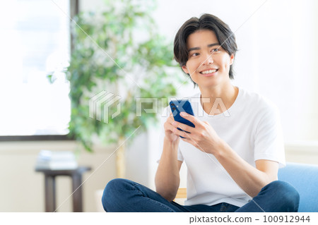 Male living room lifestyle smartphone living alone 100912944