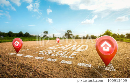 Land plot management - real estate concept with a vacant land on a green field available for building construction and housing subdivision in a residential area for sale. Land plot management - real estate concept with a vacant land on a green field available for building construction and housing subdivision in a residential area for sale. 100913409