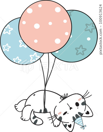 cute kawaii funny white kitty cat hanging with birthday party balloons doodle 100913624