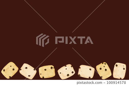 Square chocolate chip cookies lined up in a row, large, brown background illustration material with different colors and differences 100914578