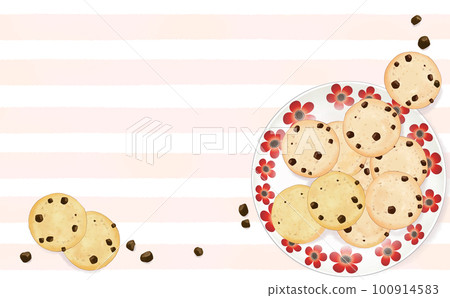 L-shaped frame of chocolate chip cookies on a floral plate Striped background with different colors and differences Illustration material L-shaped frame of chocolate chip cookies on a floral plate Striped background with different colors and differences Illustration material 100914583