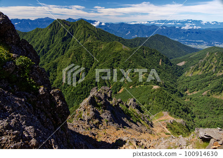 從八岳連峰和赤岳看到的雞力山、權現山和南阿爾卑斯山脈和中阿爾卑斯山脈 從八岳連峰和赤岳看到的雞力山、權現山和南阿爾卑斯山脈和中阿爾卑斯山脈 100914630