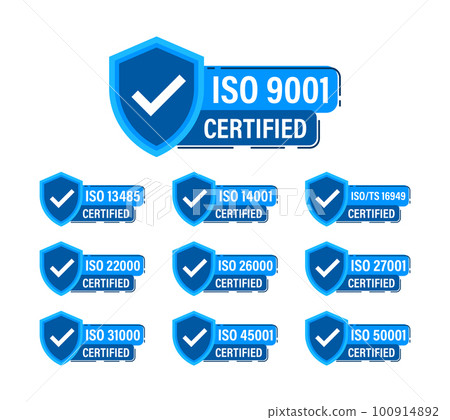 ISO certified set stamp and labels. Quality management system certified 100914892