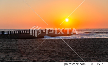 Fishing Silhouettes Beach Jetty Scenic Ocean Sunrise 100915148