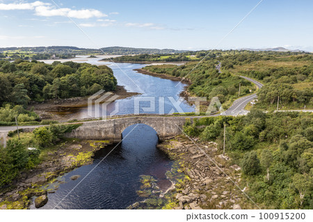 Aerial view of the bridge over Lackagh river close to Doe Castle by Creeslough in County Donegal, Republic of Ireland 100915200